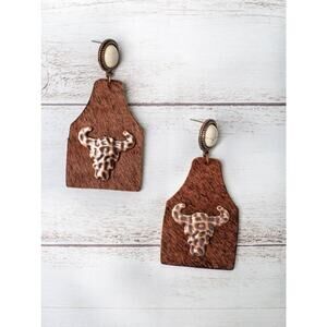 Take A Number Cowboy Brown Cowhide Copper Cow Skull Earrings